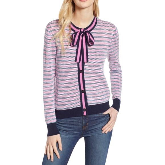 J. Crew Sweaters - J Crew L1127 Pink Blue Striped Button Bow Tie Sweater Lady Cardigan S